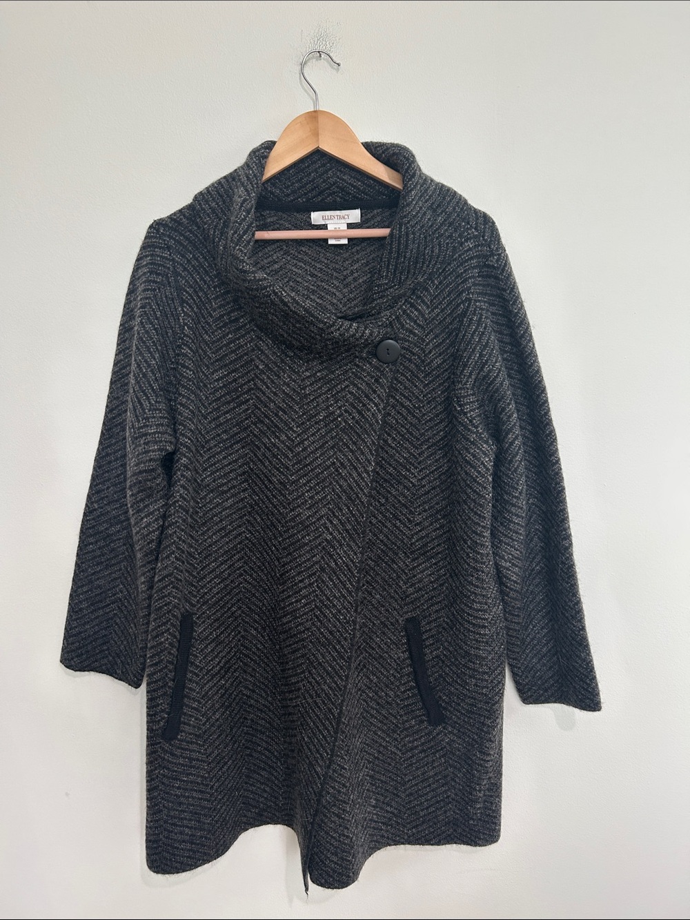 Ellen Tracy Women’s Cowl Neck Herringbone Knit Sweater Jacket Wool Blend 1X EUC